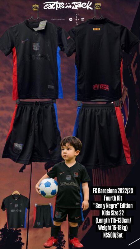 FC Barcelona 2022/23 Fourth Kit – “Sen y Negre” Edition Kids Size 22 (Length 115-130cm/Weight 15-18kg) N$500/Set