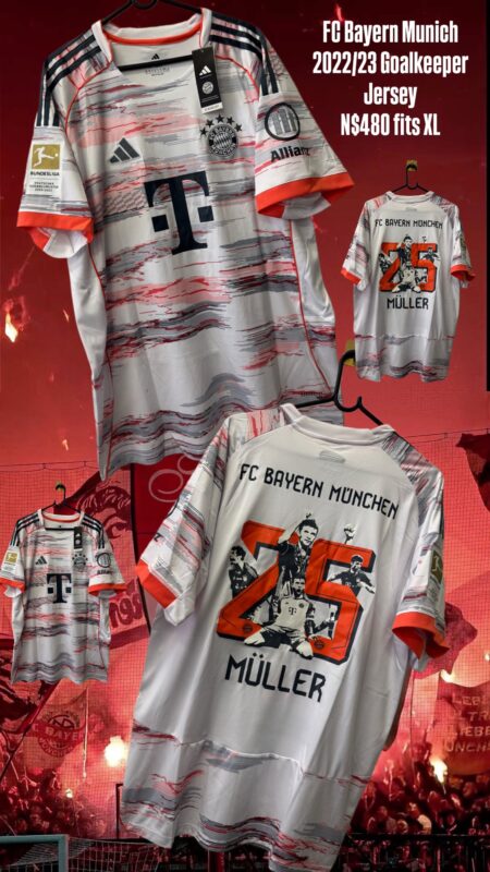 FC Bayern Munich 2022/23 Goalkeeper Jersey by Adidas — Manuel Neuer / Thomas Müller Tribute Edition N$480 fits XL