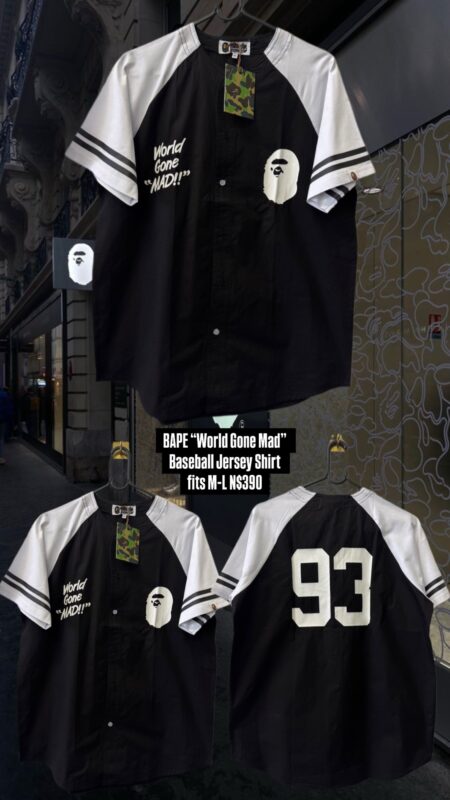 BAPE “World Gone Mad” Baseball Jersey Shirt fits M-L N$390