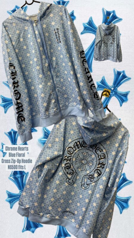 Chrome Hearts Blue Floral Cross Zip-Up Hoodie N$500 fits L