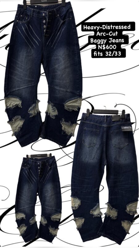 Heavy-Distressed Arc-Cut Baggy Jeans N$600 fits 32/33