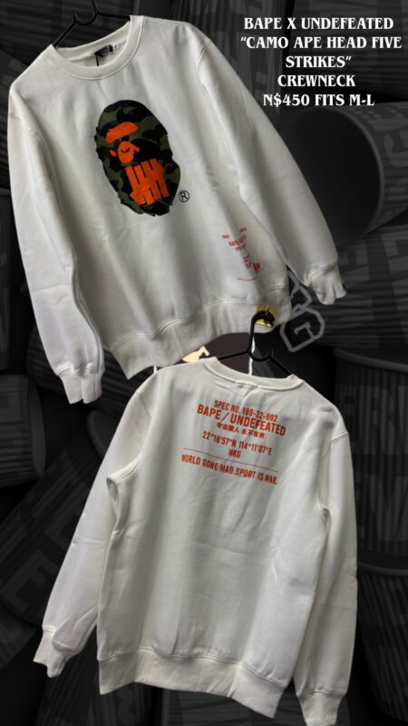 BAPE x Undefeated “Camo Ape Head Five Strikes” Crewneck N$450 fits M-L