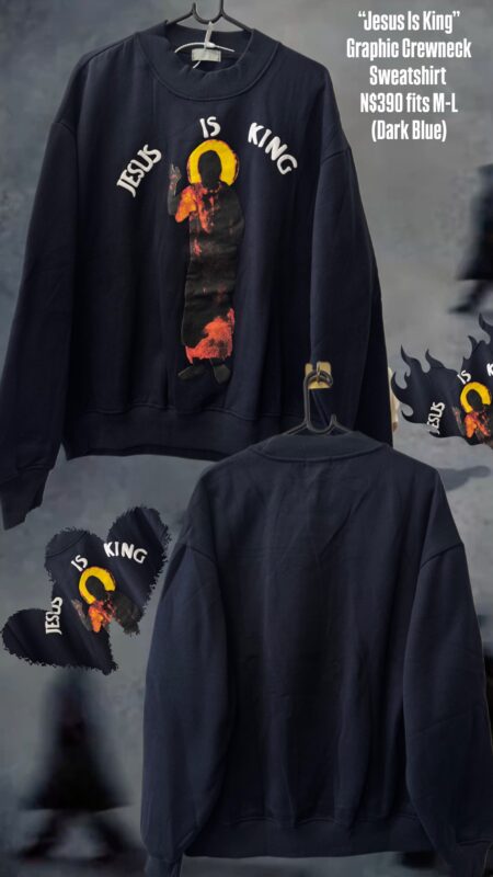 “Jesus Is King” Graphic Crewneck Sweatshirt N$390 fits M-L (Dark Blue)