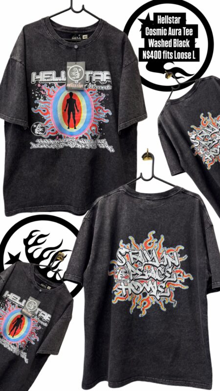 Hellstar Cosmic Aura Tee Washed Black N$400 fits Loose L