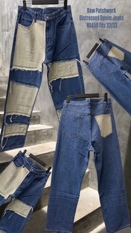 “Raw Patchwork Distressed Denim Jeans N$450 fits 32/33