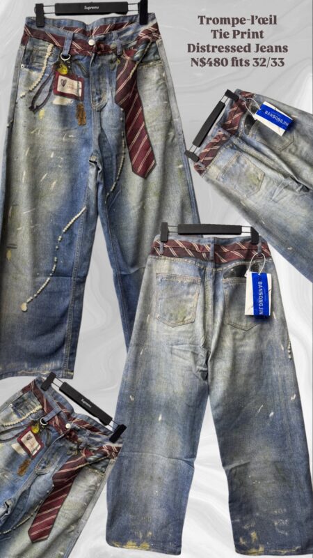 Trompe-l’œil Tie Print Distressed Jeans N$480 fits 32/33