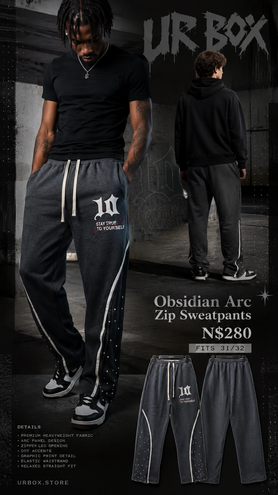 Obsidian Arc Zip Sweatpants N$280 fits 31/32 - U R BOX STUDIO