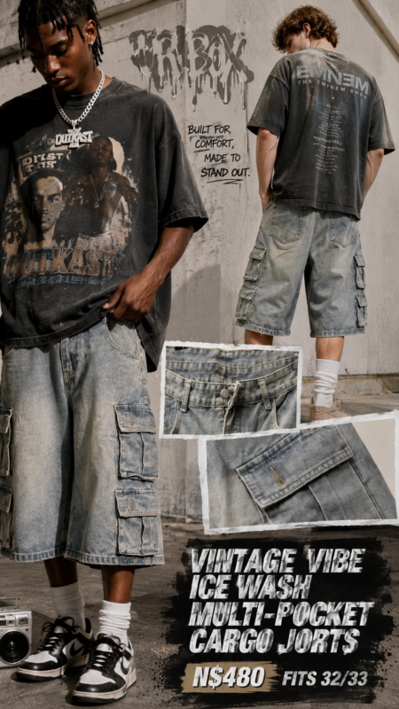 Vintage Vibe Ice Wash Multi-Pocket Cargo Jorts N$480 fits 32/33