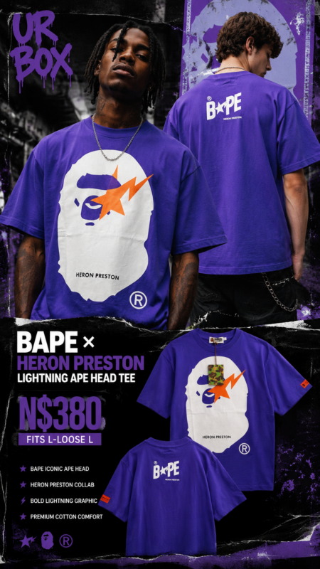 BAPE × Heron Preston Lightning Ape Head Tee N$380 fits L-Loose L