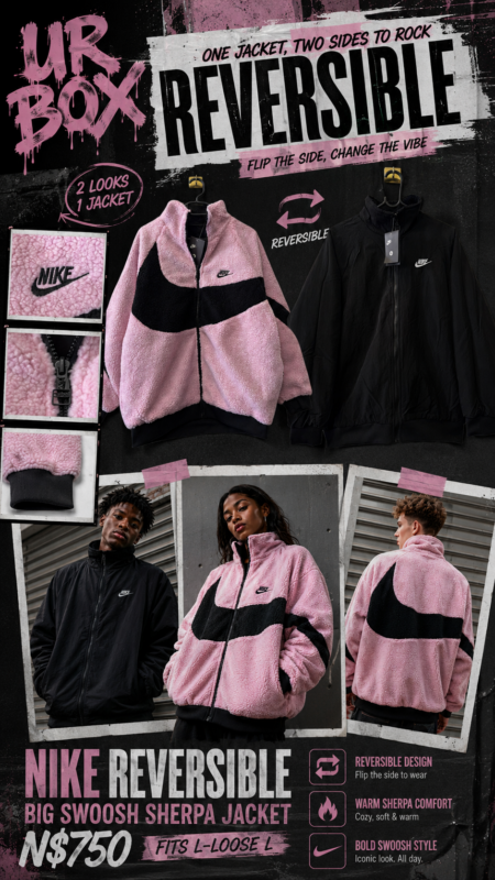 Nike Reversible Big Swoosh Sherpa Jacket (Black/Pink) N$750 fits L-Loose L
