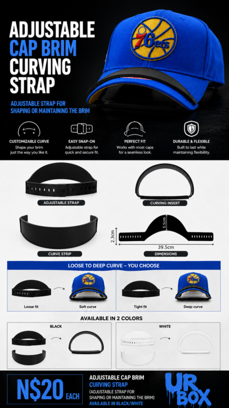 Adjustable Cap Brim Curving Strap (adjustable strap for shaping or maintaining the brim) N$20 each available in black/white