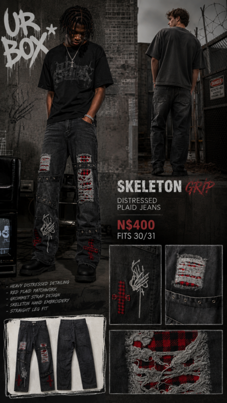 Skeleton Grip Distressed Plaid Jeans N$400 fits 30/31