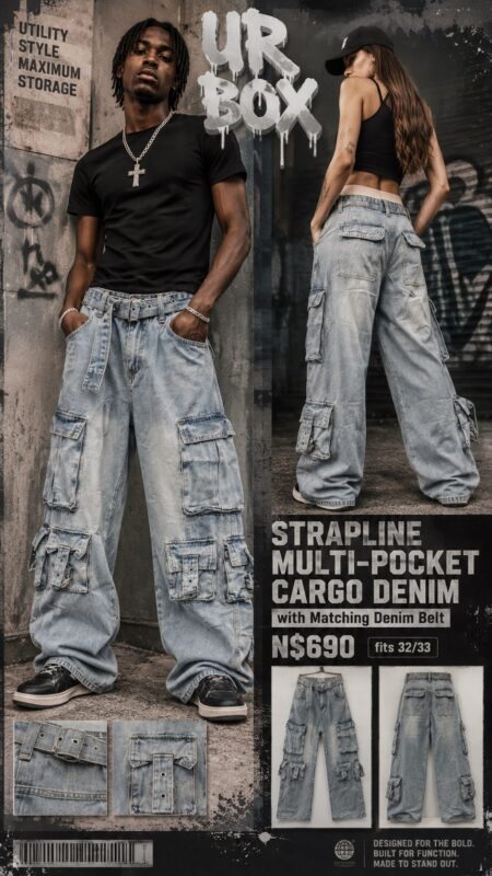 Strapline Multi-Pocket Cargo Denim with Matching Denim Belt N$690 fits 32/33