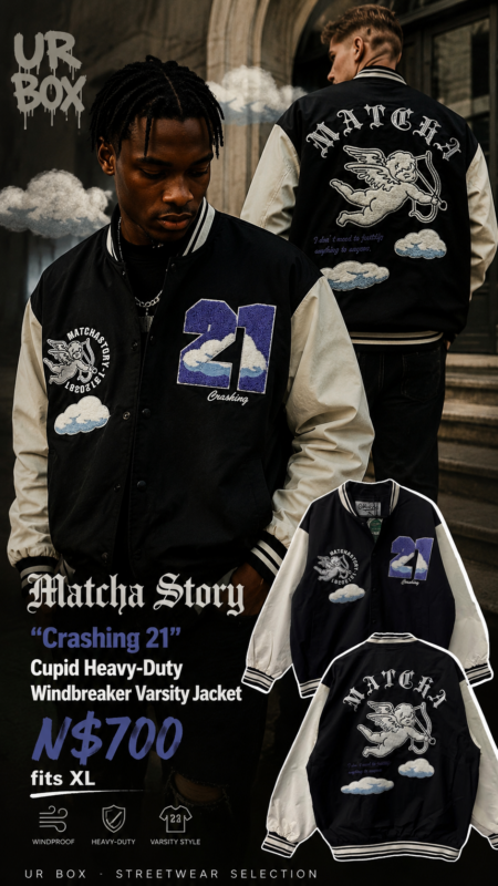 Matcha Story “Crashing 21” Cupid Heavy-Duty Windbreaker Varsity Jacket N$700 fits XL