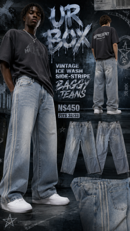 Vintage Ice Wash Side-Stripe Baggy Jeans N$450 fits 32/33