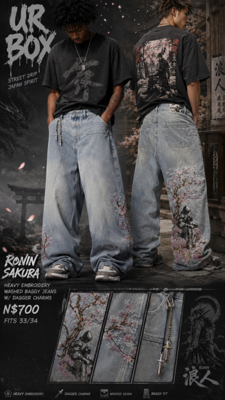 Ronin Sakura Heavy Embroidery Washed Baggy Jeans w/ Dagger Charms N$700 fits 33/34