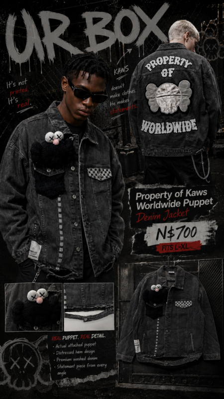 Property of Kaws Worldwide Puppet Denim Jacket N$700 fits L-XL